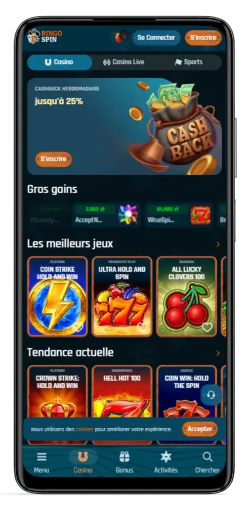 Cashback hebdomadaire et jeux populaires disponibles sur Ringospin casino