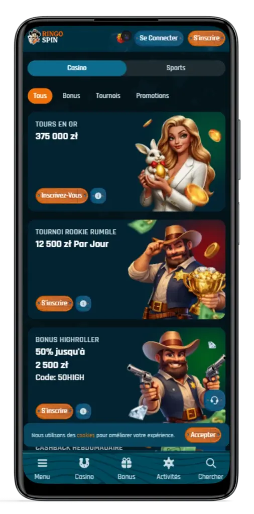 Interface mobile casino avec bonus et tournois sur Ringospin casino