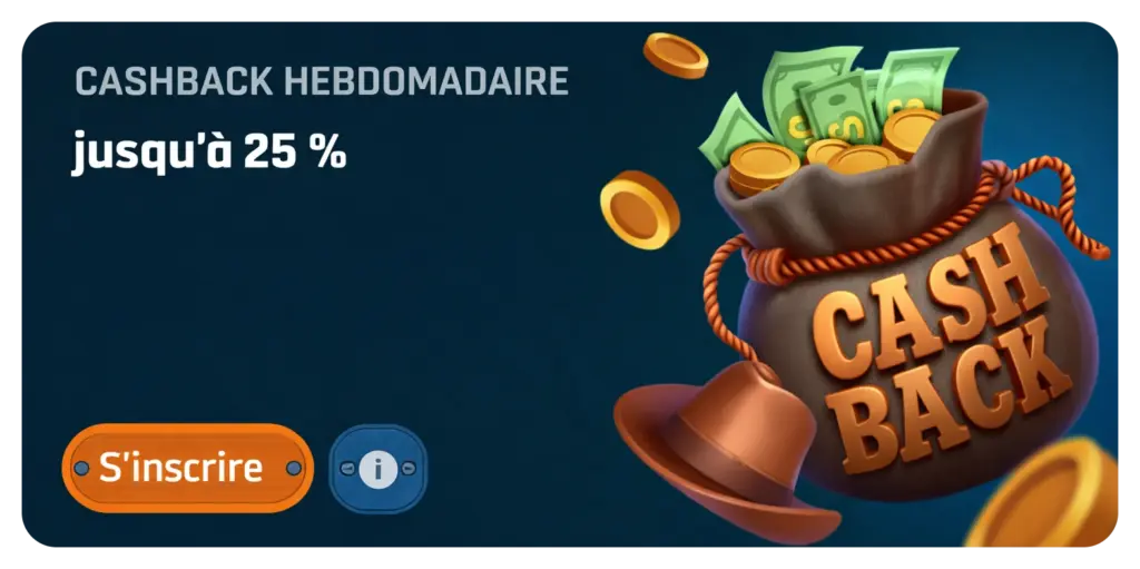 Récupérez 25% chaque semaine avec cashback Ringospin